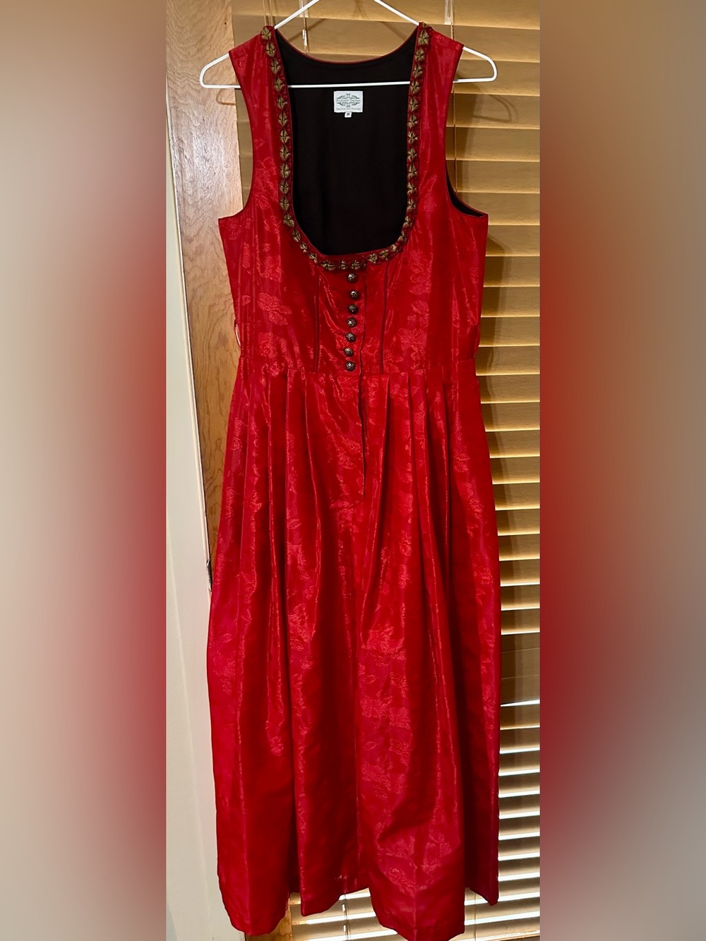 EUC Vintage Red Satin Jacquard Full Length Dirndl.